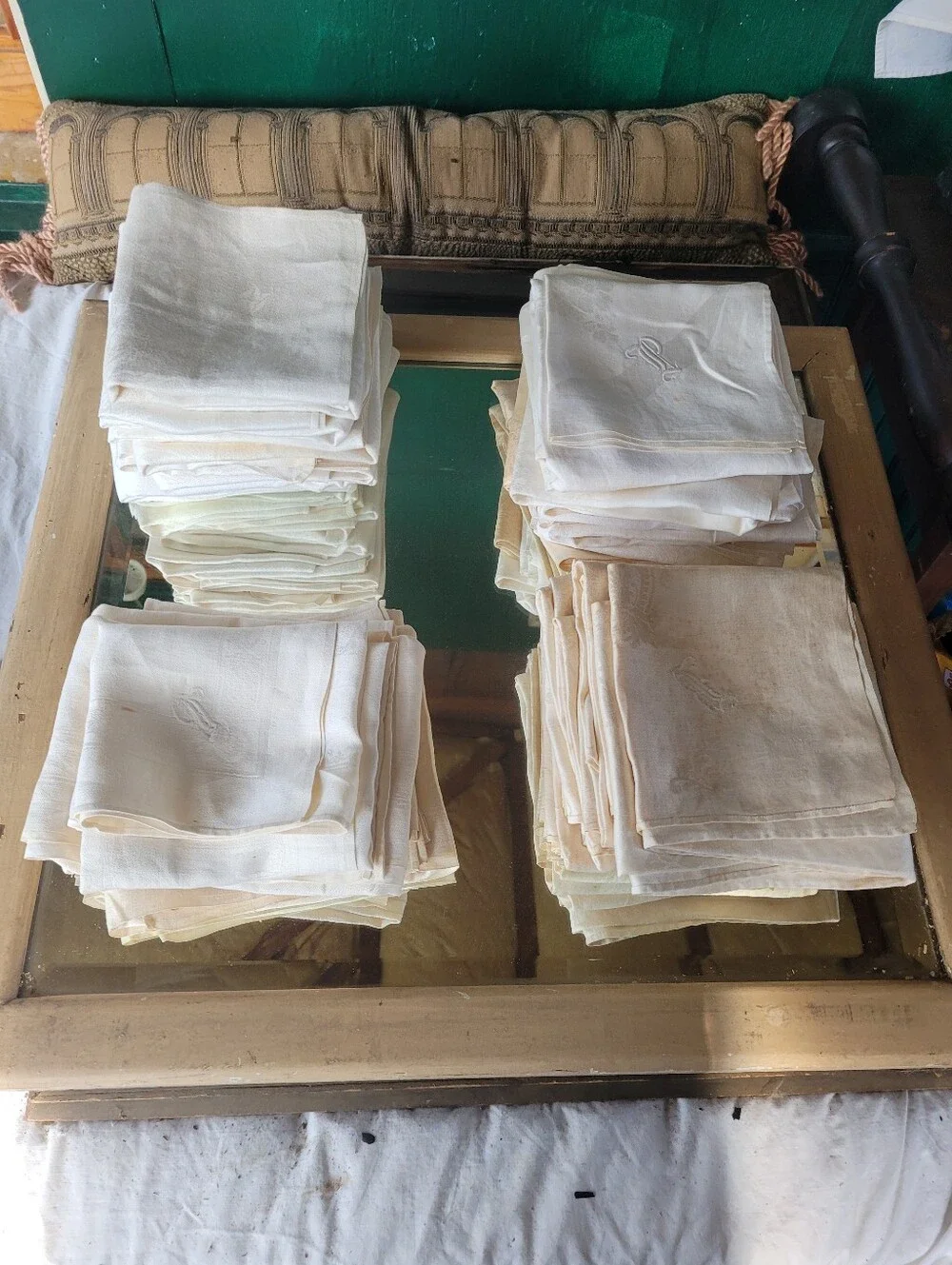Classic Ivory Monogramed Linen Napkins .  18 Dinner 17 Dessert.